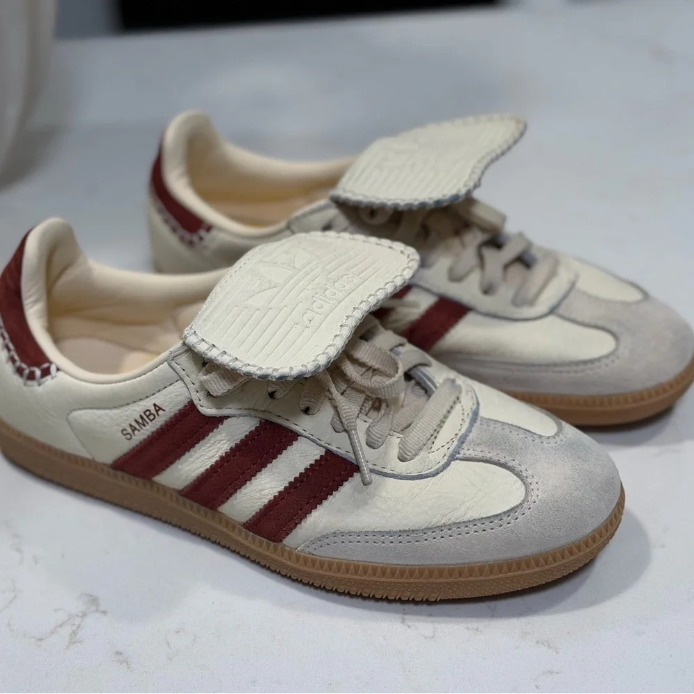 adidas Samba Sneakers Cream with Burgundy Stripes and Gum Sole - Picture 3 of 9
